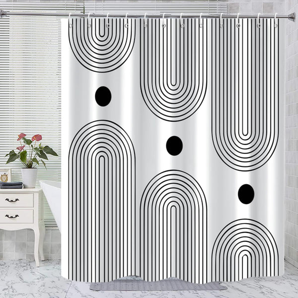 White and Black Shower Curtain, Boho Minimalist Mid Century Modern Arch Geometric Machine Washable Waterproof Fabric for Bathroom Bathtub Decor