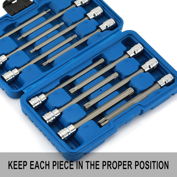 EMENTOL 12PCS 3/8" Drive Extra Long Torx Bit Socket Set, CR-V, S2 Steel, 5.9" Length Star Bit Socket Set, T10 - T60 12PCS Extra Long Torx Bit