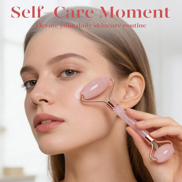 BAIMEI IcyMe Rose Quartz Roller & Gua Sha Facial Tool Set for Depuffing | Cooling Face Roller for Lymphatic Massage,Sculpting Tool for Face, Eyes
