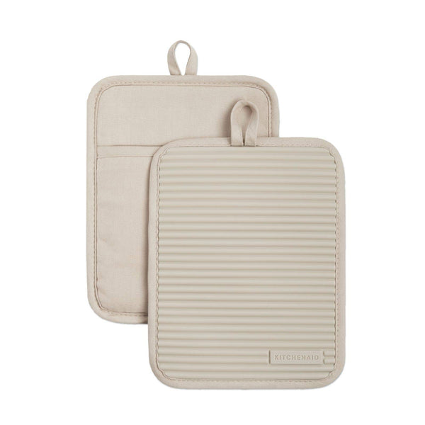 KitchenAid Ribbed Soft Silicone Pot Holder 2-Pack Set, Milkshake Tan, 7"x9" Milkshake 7"x9"