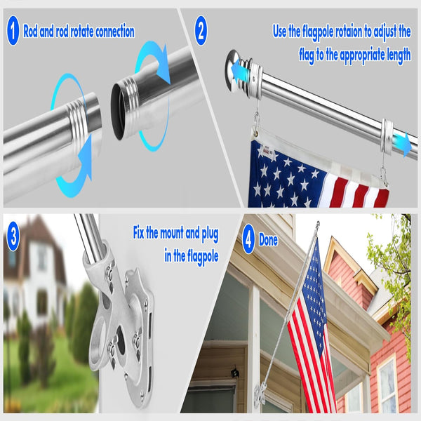 Anovo Flag Pole Kit- Stainless Steel 6 FT Flag Poles with1 Inch Metal 360° Rotating Flag Pole Rings Clip, Two-Position Flag Pole Holder Brackets