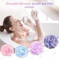 LAYUKI Bath Loofah, Shower Sponge, Body Scrubber, Rose-Shaped, Elegant (Set of 4 Pieces) 4 Pieces Pink & Blue & Purple & Grey