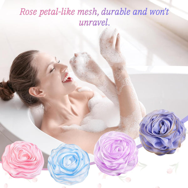 LAYUKI Bath Loofah, Shower Sponge, Body Scrubber, Rose-Shaped, Elegant (Set of 4 Pieces) 4 Pieces Pink & Blue & Purple & Grey