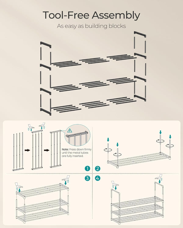 SONGMICS Shoe Rack, 3-Tier Shoe Organizer, Metal Storage Shelf, Upright or Upside Down, for 16-20 Pairs, Stackable, for Entryway, 11.8 x 36.2 x