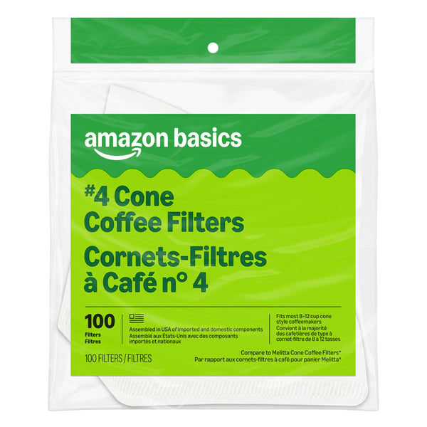 Amazon Basics Number 4 Cone Coffee Filters for 8-12 Cup Coffee Makers, White, 100 Count