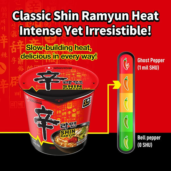 Nongshim Shin Ramyun Cup of Noodles, Spicy Signature Korean Instant Ramyun, Rich Beef Flavored Broth, Quick and Easy, Microwaveable Cup, 2.64 oz