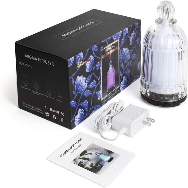120ml Glass Essential Oil Diffuser, Ultrasonic Aroma Diffuser Glass Cover & Plastic Reservoir with Auto Shut-Off, 7 Colors LED Light for Home,