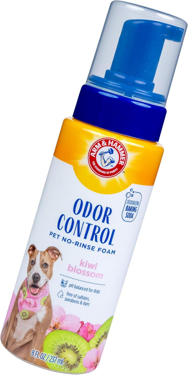 Arm & Hammer for Pets Odor Control No-Rinse Foam Dogs Kiwi Blossom Scent Waterless Baking Soda Deodorizer pH Balanced 8 FL OZ Sulfate-Free Odor