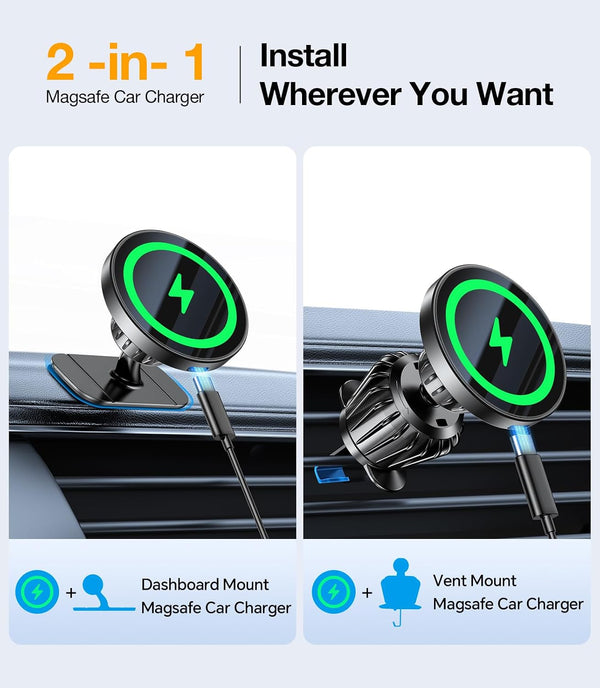 Kaistyle for MagSafe Car Mount Charger【Stronger Magnets】Magnetic Wireless Car Charger with Dashboard Pad Mounting Phone Holders for Your Car