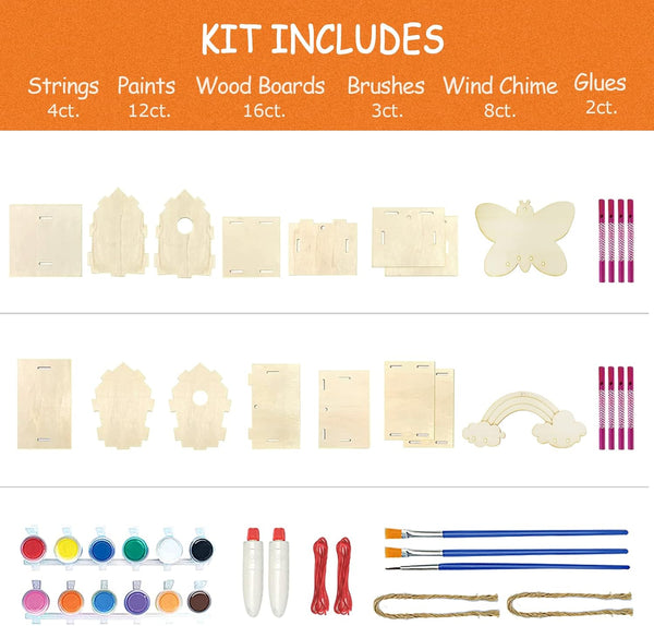 Crafts for Kids Ages 4-8 - 4 Pack DIY Bird House Wind Chime Kit - Build and Paint Birdhouses Wooden Arts Kits Easter Basket Stuffers Gifts for