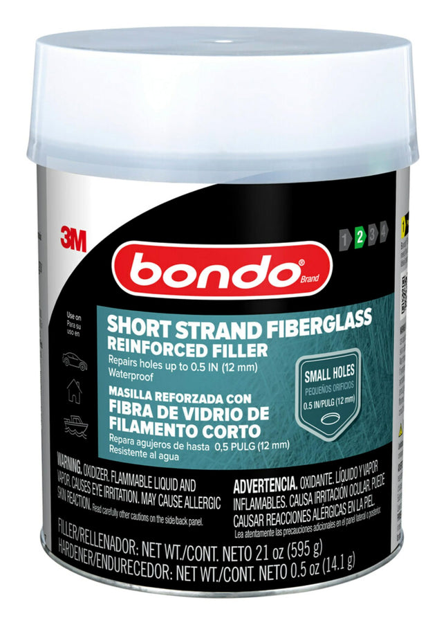 3M Bondo Short Strand Fiberglass Reinforced Filler 21 Oz (595.34 G) with Bondo Cream Hardener 0.5 Oz (14G), Repair Holes
