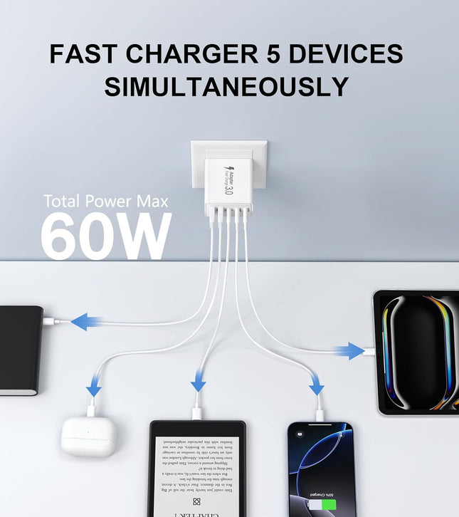 2Pack USB C Fast Charger Block,50W 5-Port USB C Wall Charger Brick,2 USB a & 3 USB C PD3.0 Power Adapter Multiport Type 