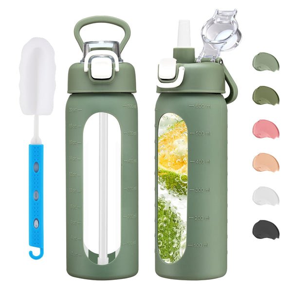 Chunmo 20 Oz Glass Water Bottle with Straw Reusable Water Bottle with Non-Slip Silicone Sleeve Wide Mouth Leak-Proof for Coffee, Tea and