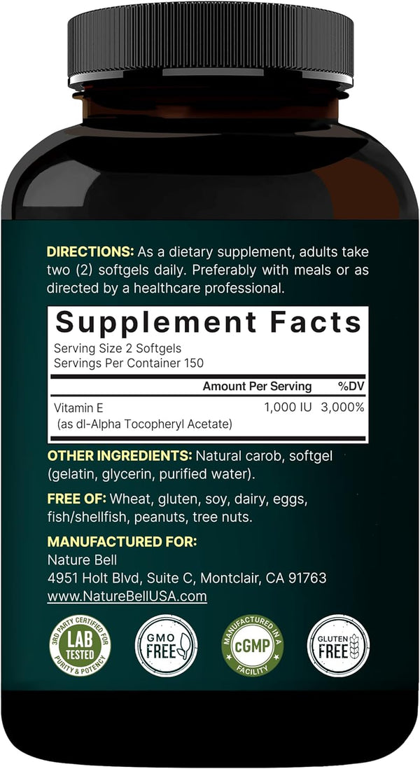 Naturebell Vitamin E Oil Softgels, 1,000 IU per Serving, 300 Pills | Essential Antioxidant Supplements, Easily Absorbed Form Ã¢ÂÂ Supports Skin,