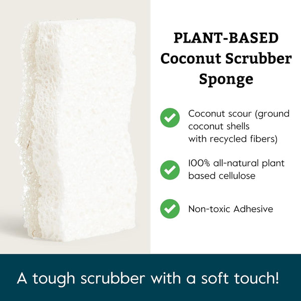 Grove Co. Coconut Scrubber Sponges, 6 Count, Dual Sided, Non-Scratch | 100% Plant-Based Cellulose; Super Absorbent; Removes Tough Messes; Easy to