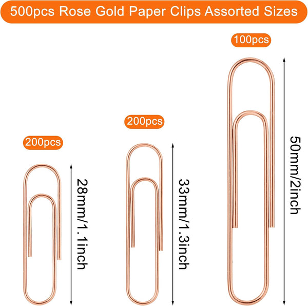 NEEWAY 500pcs Rose Gold Paper Clips Assorted Sizes Small, Medium and Large Paperclips for Paperwork Ideal for Home, School and Office Use