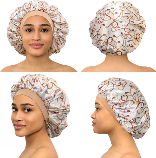 CAPLORD Silk Satin Bonnet for Men Women Hair Bonnets for Sleeping, Sleep Bonnet for Natural Curly Hair Unisex Satin Cap One Size Beige Chains