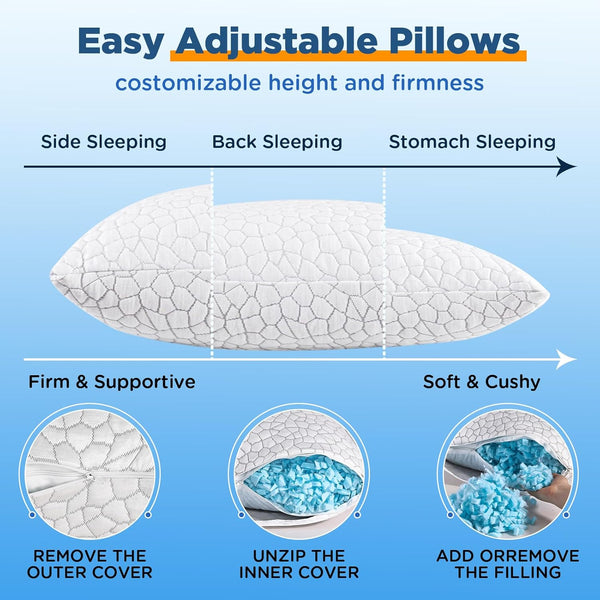 SUPA MODERN Cooling Bed Pillows for Sleeping 2 Pack Shredded Memory Foam Pillows Queen Size Set of 2, Adjustable Cool Pillow for Side Back Stomach