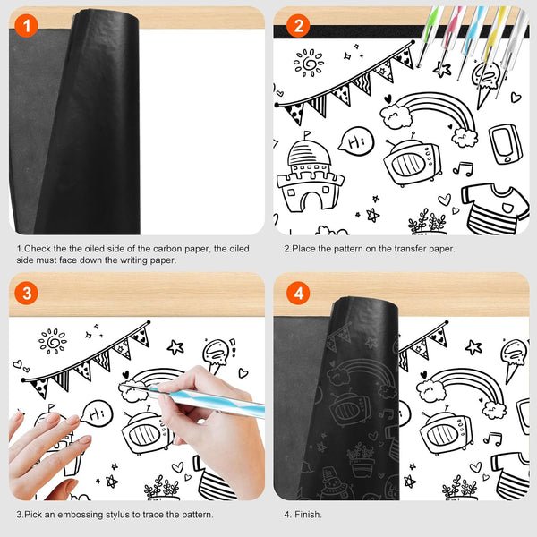 200 Sheets Carbon Paper Black Graphite Paper Transfer Tracing Paper and 5 Pieces Ball Embossing Styluses for DIY Woodworking, Paper, Canvas and