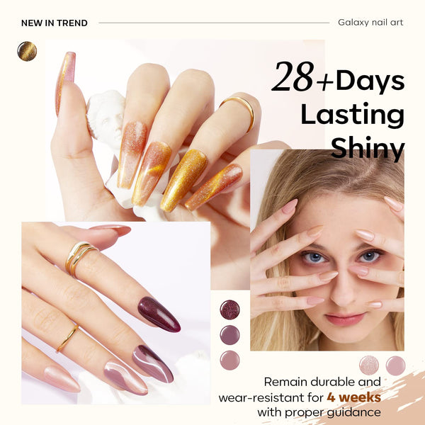 Modelones Gel Nail Polish Set, 6 Colors Nude Brown Gel Polish Glitter Burgundy Shiny Champagne Gold Magnetic Cat Eye Effect Sparkle Stunning Home