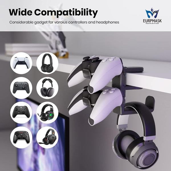 3-in-1 Headset&Controller Holder - EURPMASK Upgraded PC Gaming Headset Stand, Adjustable Clamp-on Headphone Holder,Headphone Controller Hook Under