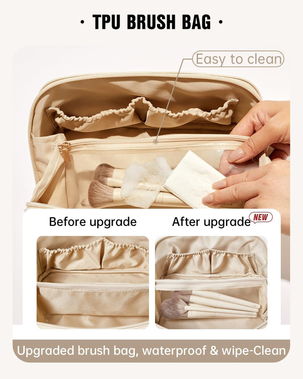 EACHY Travel Makeup Bag, Large Capacity Cosmetic Bag for Women, Waterproof PU Leather, Flat Open Portable Toiletry Bag for Skincare, Brushes &
