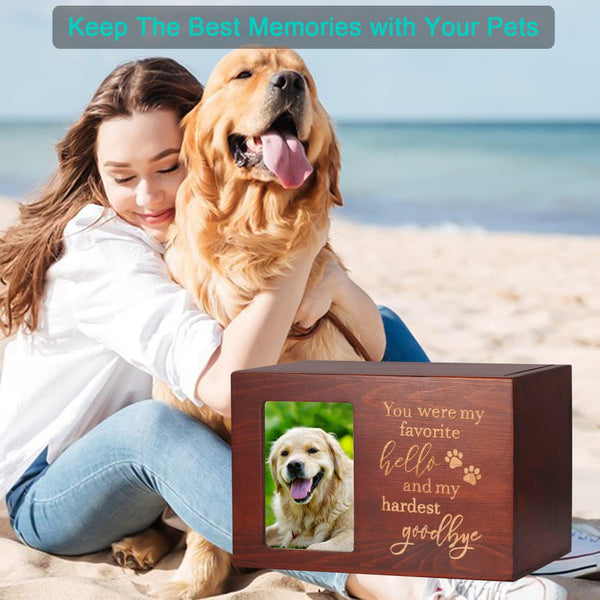 Pet Memorial Urns for Dog or Cat Ashes, Large Wooden Funeral Cremation Urns with Photo Frame, Keepsake Memory Box with Black Flannel Lining