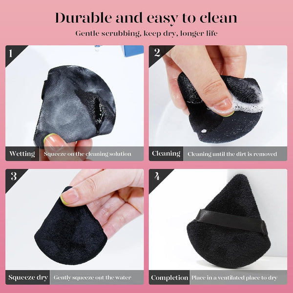 BEAKEY Powder Puff, 12pcs Face Triangle Powder Puffs for Loose & Foundation | Black Velvet Makeup Puff for Contouring & Baking, Ultra-soft Cloud