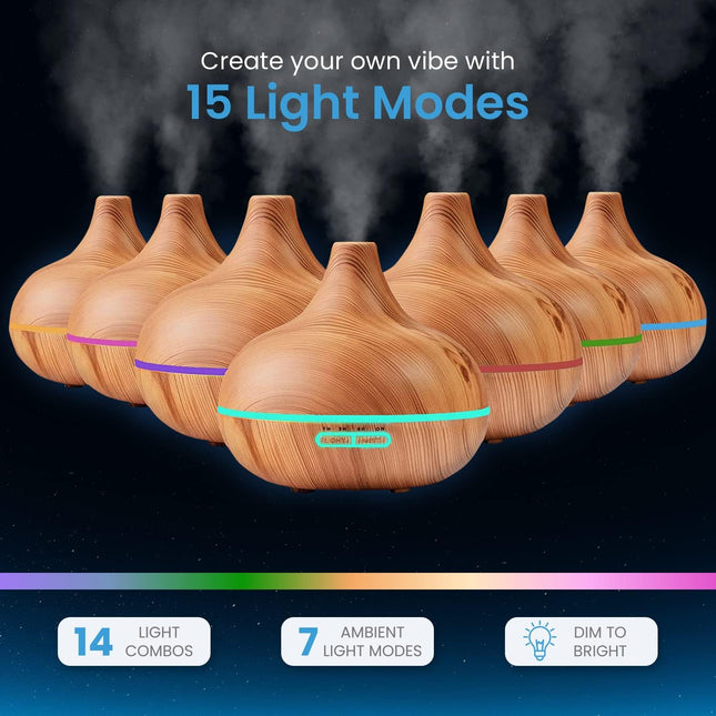 Ultimate Aromatherapy Diffuser & Essential Oil Set - Ultrasonic Top 10 Oils Modern with 4 Timer 7 Ambient Light Settings