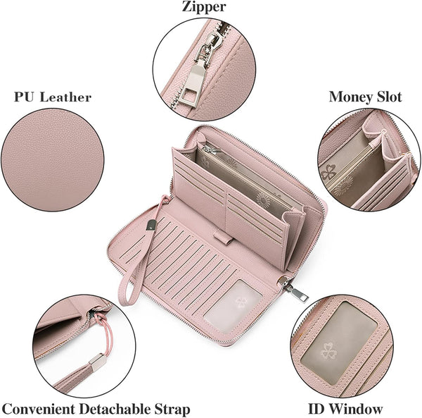 GOIACII Womens Wallet RFID Blocking Leather Zip Around Wallet Large Capacity Long Purse Credit Card Clutch Wristlet A02 Pink