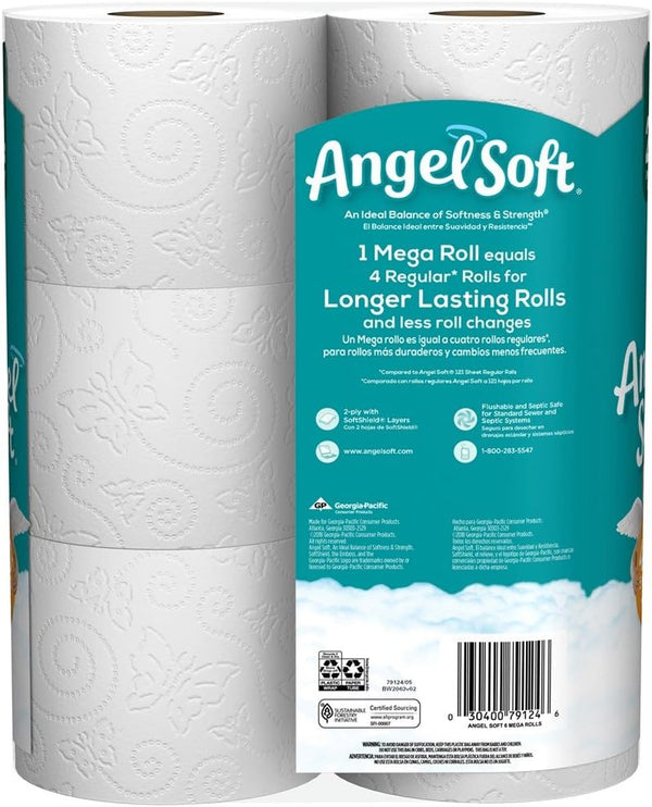 Angel Soft Toilet Paper, 6 Mega Rolls, 6 = 24 Regular Bath Tissue Rolls, 480+ 2-Ply Sheets Per Roll
