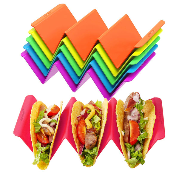 Aichoof Colorful Taco Holder Stands Set of 6 - Premium Large Tray Plates Holds up to 3 or 2 Tacos Each, PP Health Material Very Hard and Sturdy,
