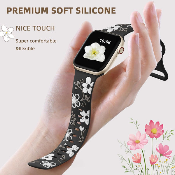 Witzon Floral Band Compatible with Apple Watch Bands For Women 40mm 41mm 38mm 42mm 44mm 45mm 46mm 49mm, Engraved Cute Flower Silicone Dressy Strap