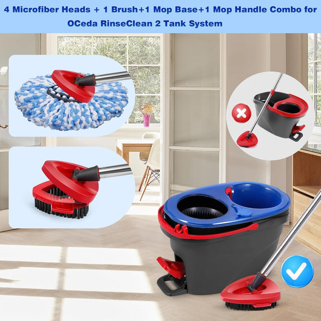 4 Pcs Spin Mop Heads Replacements & 1 Base Set for Ocedar Rinseclean 2-Tank System,Machine Washable Chenille Mop Replace