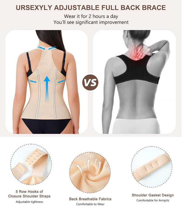 URSEXYLY Back Brace Posture Corrector for Women Adjustable Full Back Support Shoulder Straightener Upper and Lower Back Pain Relief(Beige,L) Large