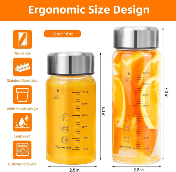 Glass Juice Bottles 16 Oz - Wide Mouth Glass Water Bottles with Lids and Sleeve- for Juicing, Smoothies, Milk, Protein, Reusable, Stainless Steel