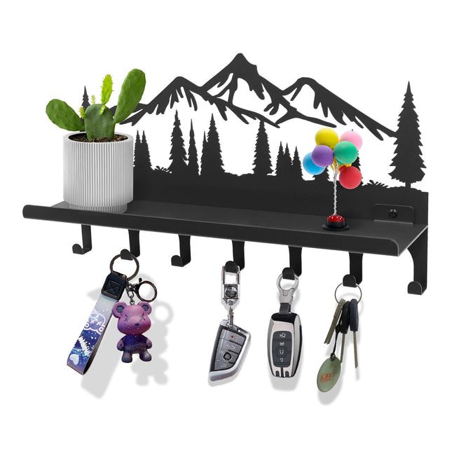 Wall Mounted Mountain Key & Mail Holder with Shelf | Metal Key Organizer with 2 in 1 Key Hooks for Entryway, Hallway, Of