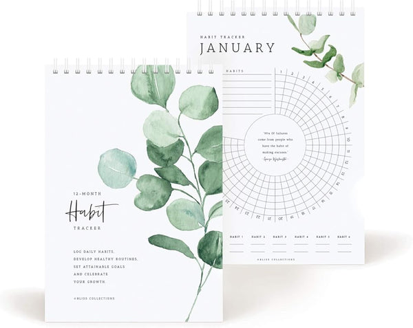 Bliss Collections Habit Tracker Calendar Notepad, Greenery Floral, Gold Spiral Binding, Inspirational and Motivational Monthly Journal to Track