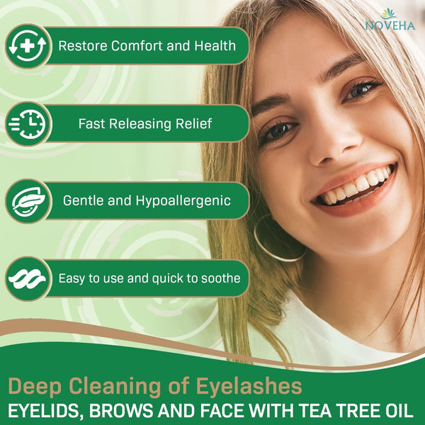 NOVEHA Tea Tree & Coconut Oil Eyelid & Lash Wipes | for Demodex, Blepharitis & Itchy Eyes, Box of 60 Individually Wrapped Eyelash Wipes with Aloe