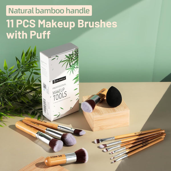 BS-MALL Makeup Brush Set 11Pcs Bamboo Synthetic Kabuki Brush Set Foundation Powder Blending Concealer Eye Shadows Blush Cosmetics Brushes with