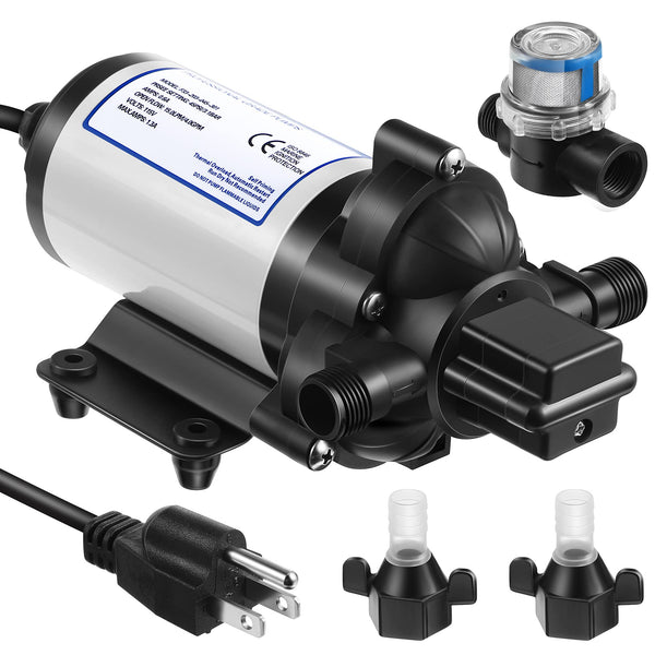 Water Pressure Diaphragm Pump Industrial 115V 4 GPM 45 PSI, Self Priming Water Booster Pump with Power Plug, Fittings Strainer Filter for Kitchen