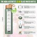 Aqulea Glass Water Bottles 32 Oz with Silicone Sleeve - BPA Free Reusable Wide Mouth Glass Motivational Water Bottles with Fruit Infuser – Leak