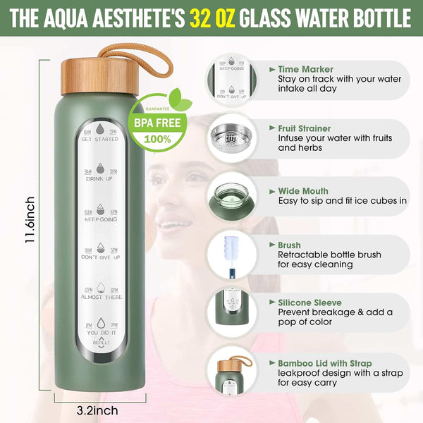 Aqulea Glass Water Bottles 32 Oz with Silicone Sleeve - BPA Free Reusable Wide Mouth Glass Motivational Water Bottles with Fruit Infuser – Leak