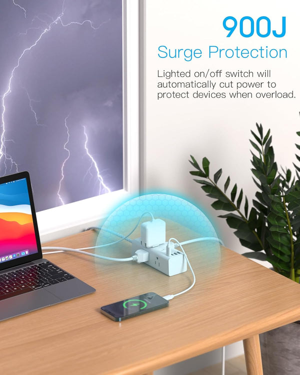 Power Strip Surge Protector - One Beat 6 Widely Outlets with 3 USB Ports (1 USB C), 5 Ft Extension Cord Flat Plug, Wall Mount Outlet Extender