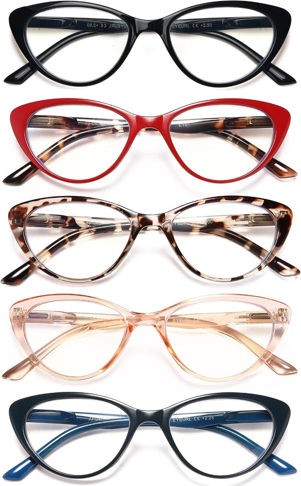 EYEURL 5-Pack Cat Eye Reading Glasses for Women- Men Blue Light Blocking Glasses Stylish Computer Readers for Women Anti Eyestrain & Glare with