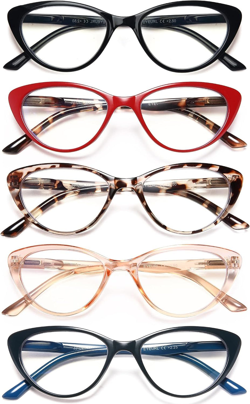 EYEURL 5-Pack Cat Eye Reading Glasses for Women- Men Blue Light Blocking Glasses Stylish Computer Readers for Women Anti Eyestrain & Glare with