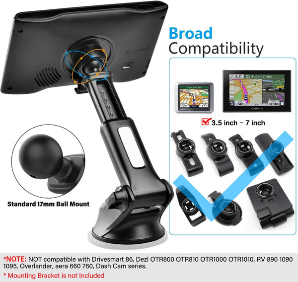 1Zero GPS Suction Cup Mount for Garmin [Quick Extension Arm], Replacement GPS Dash Ball Mount Dashboard Windshield Car Holder for Garmin Nuvi Dezl
