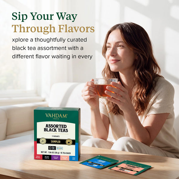 VAHDAM Assorted Black Tea Bag Sampler(5 Flavors, 15 Pyramid Teabag)Tea Gift Black Tea Assortment 20 Count (Pack of 1)