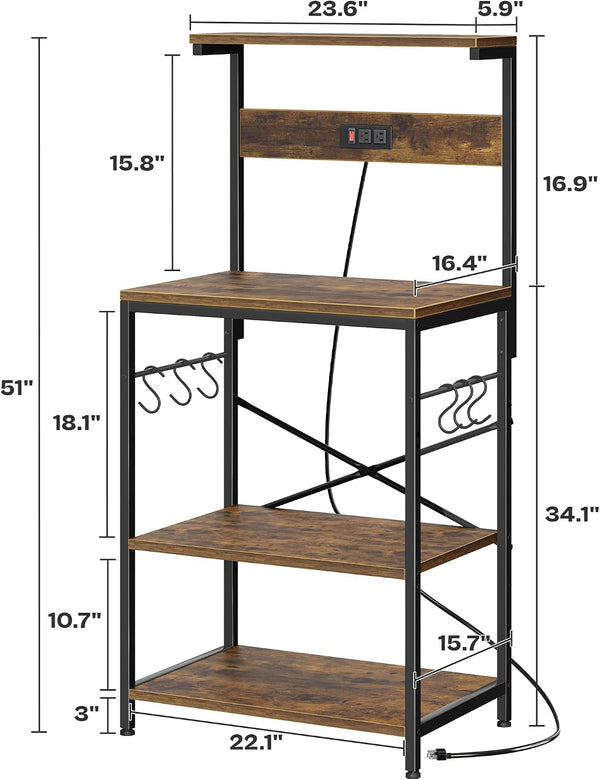 SUPERJARE Kitchen Bakers Rack with Power Outlet, Coffee Bar Table 4 Tiers, Kitchen Microwave Stand with 6 S-shaped Hooks, Storage Shelf Rack for