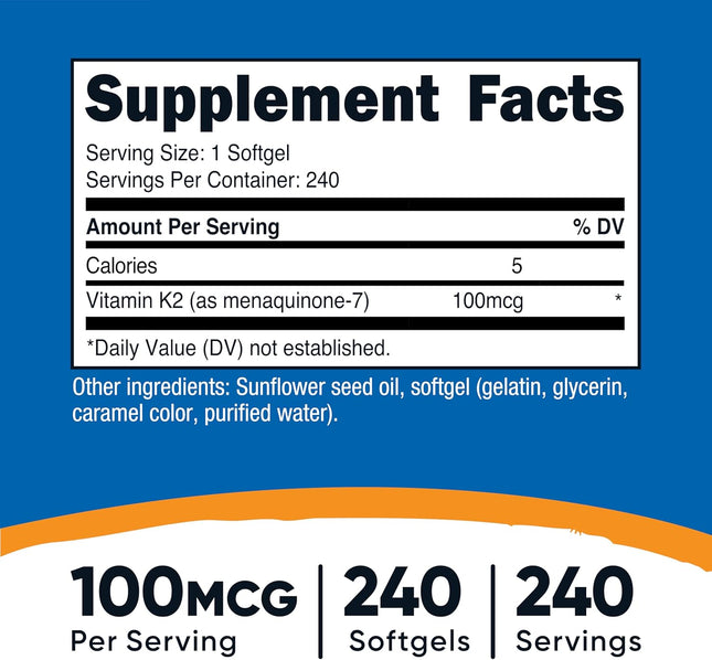 Nutricost Vitamin K2 MK-7 100 Mcg, 240 Softgels - Gluten Free and Non-Gmo MK7